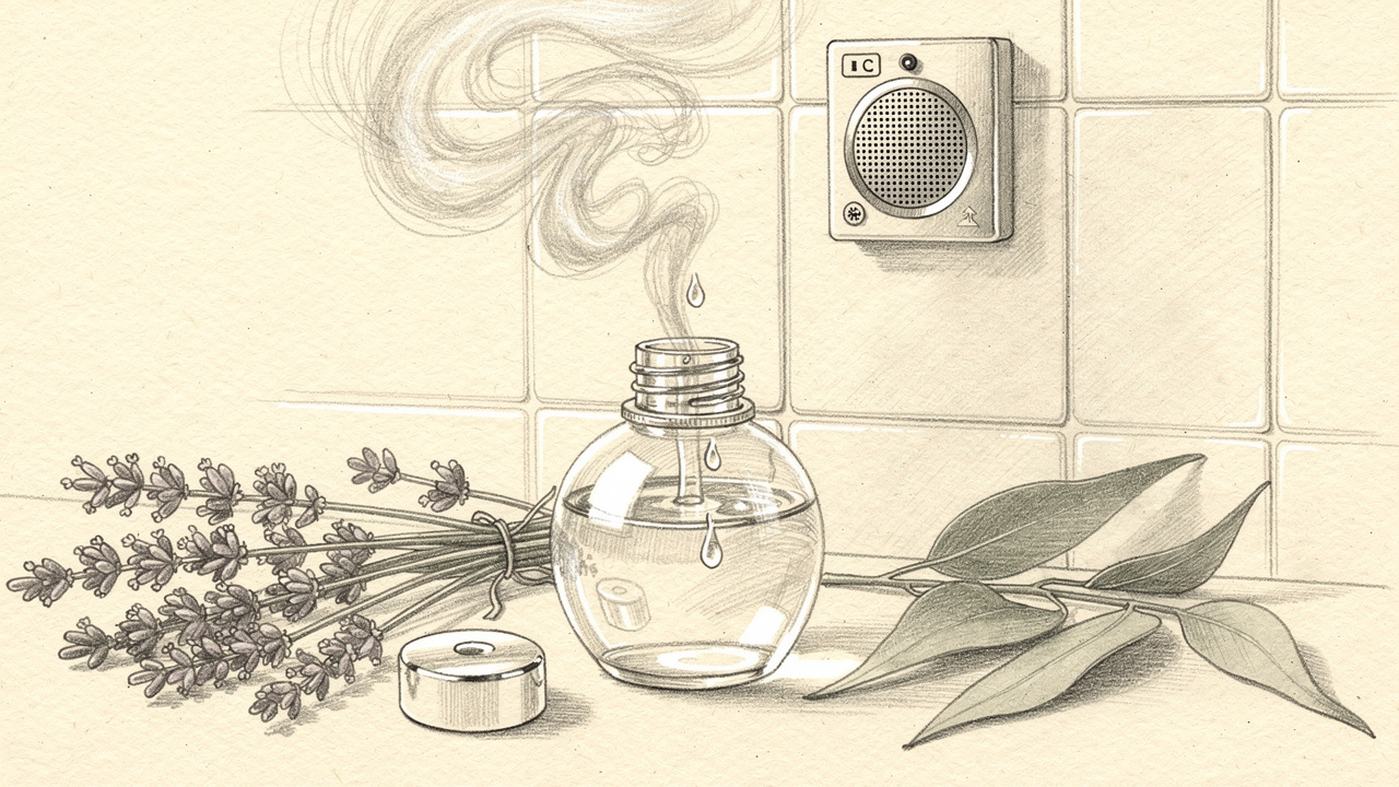 Sketch of aromatherapy and audio enhancing steam shower relaxation