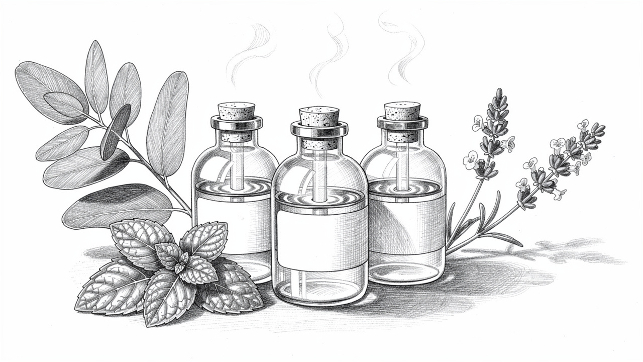 Pencil sketch of eucalyptus peppermint and lavender essential oils