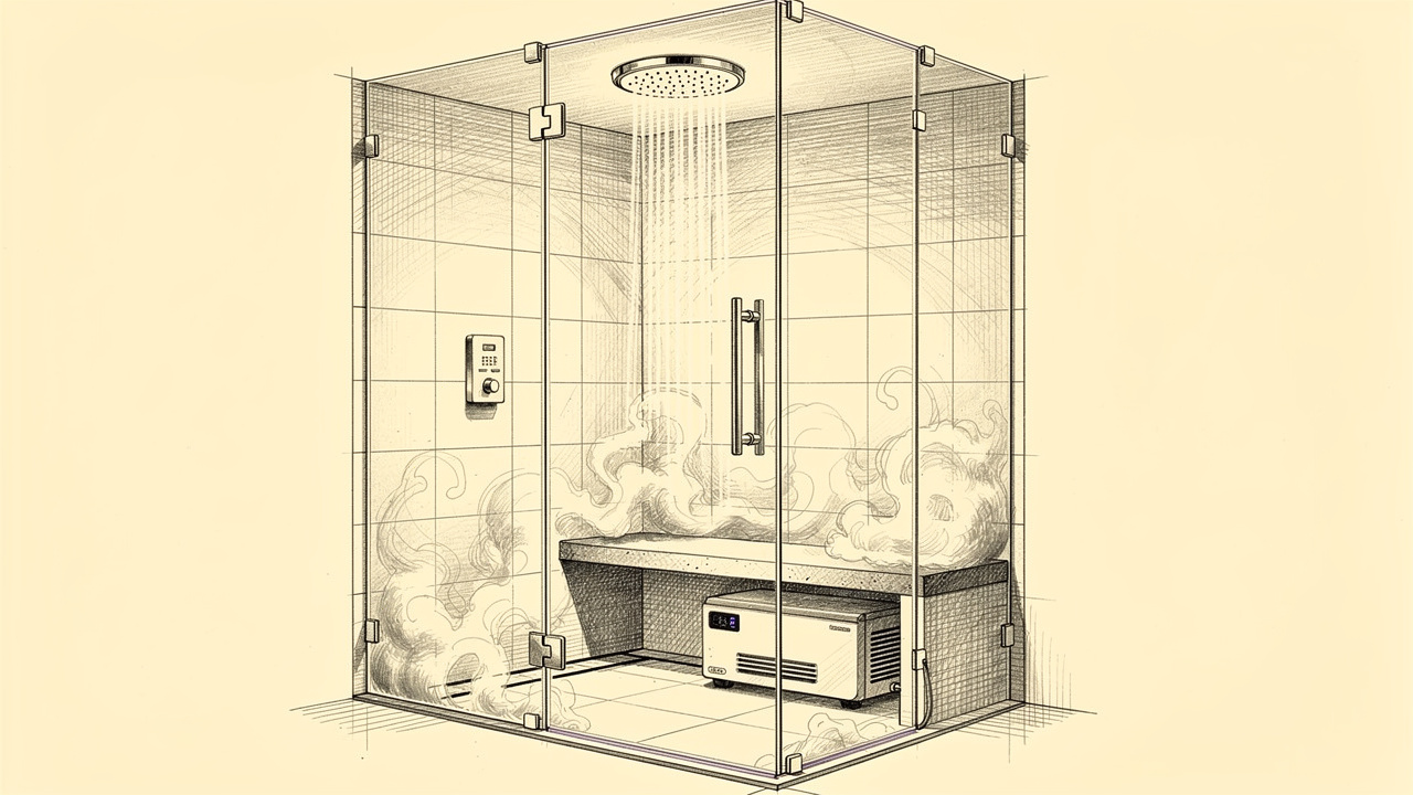 Pencil sketch illustration of a home steam shower system