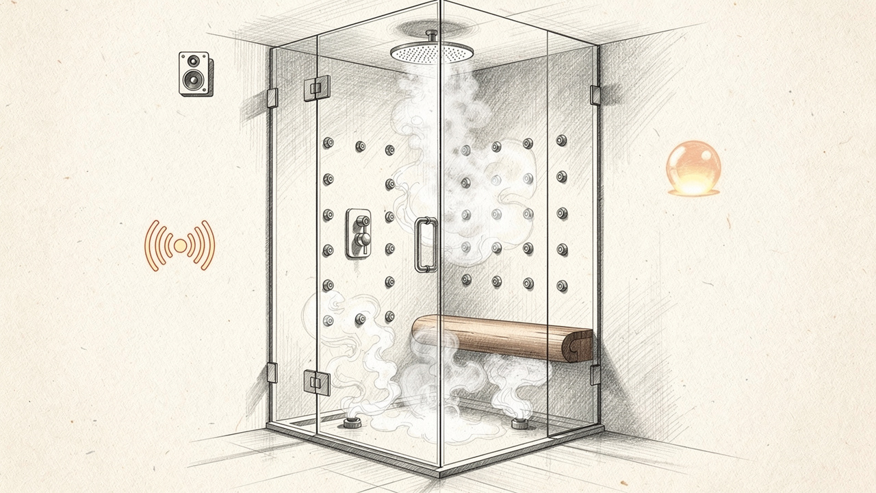 Sketch of multi-sensory home steam shower features