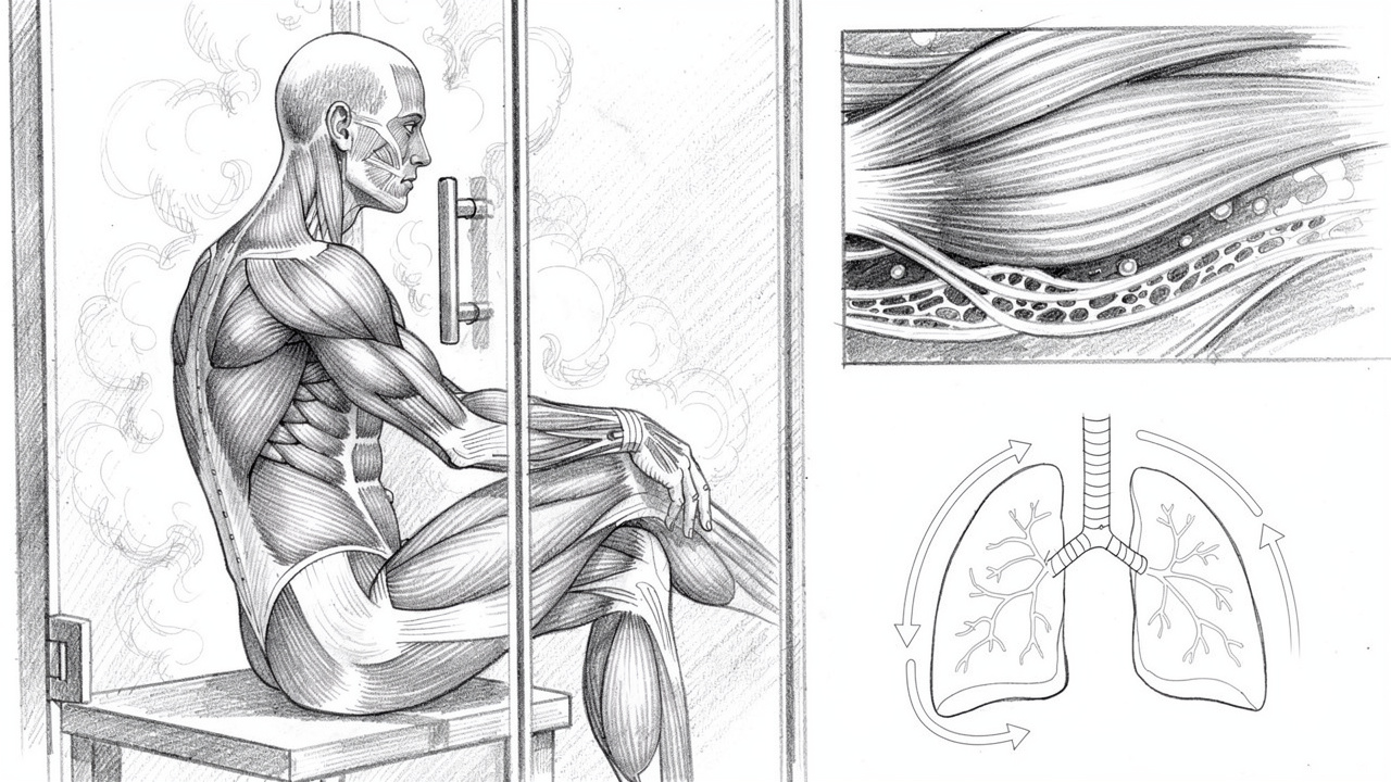 Sketch illustrating muscle recovery and respiratory benefits of steam