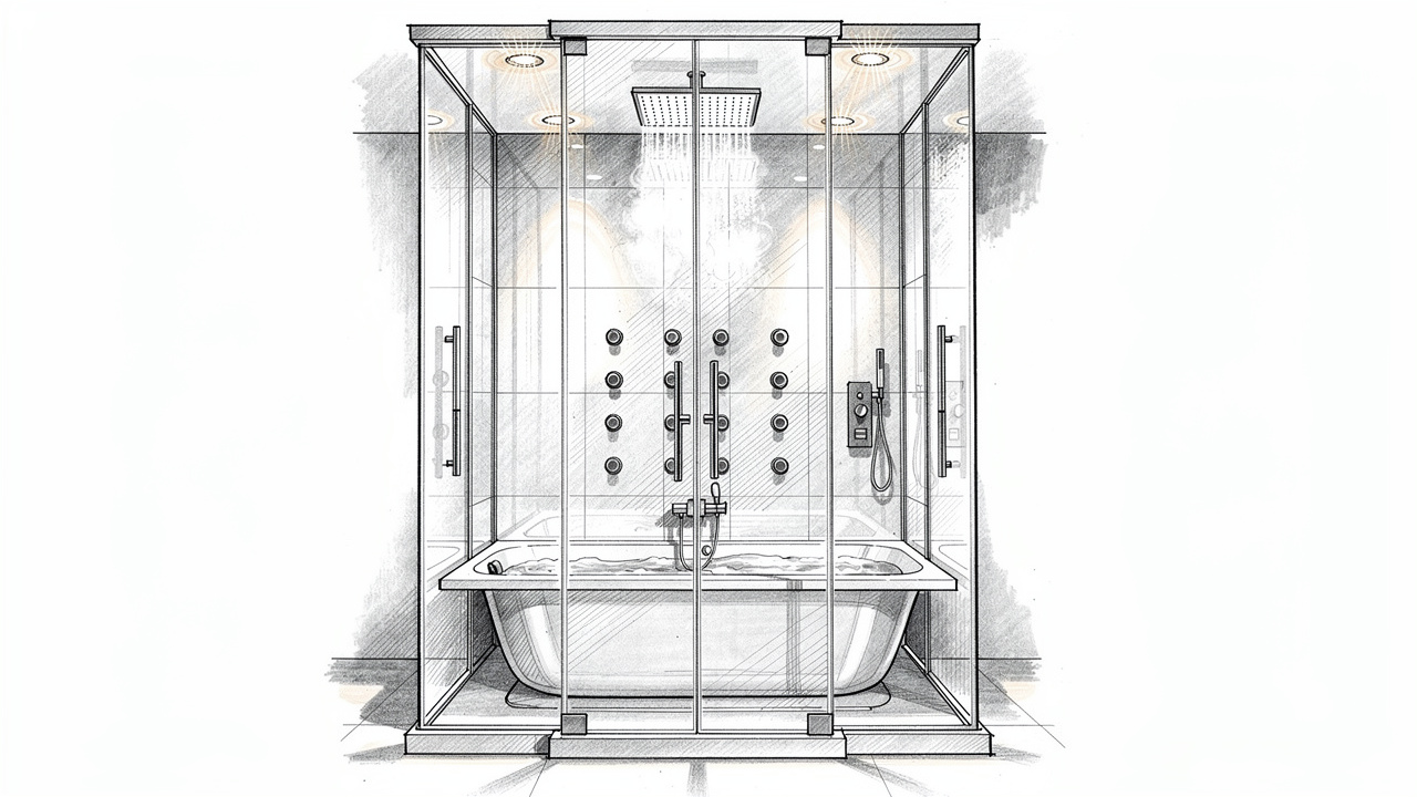 Detailed sketch of luxury steam shower with hydromassage tub combination unit