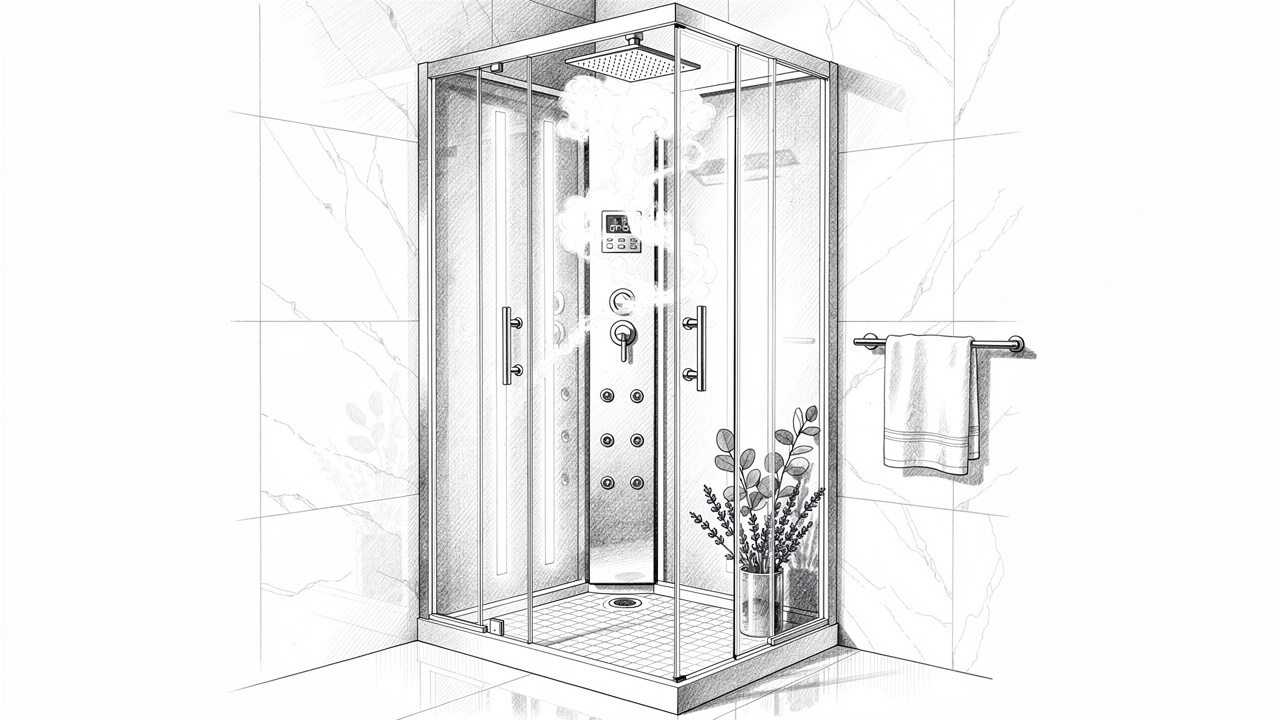 Hand-drawn sketch of a complete luxury steam shower unit