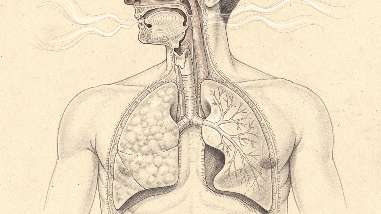 Pencil sketch of human airways showing steam inhalation effects