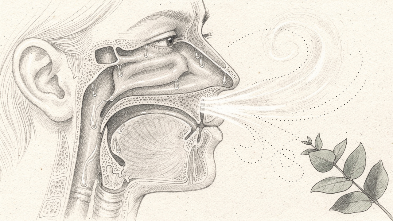 Pencil sketch showing steam clearing nasal passages and sinuses