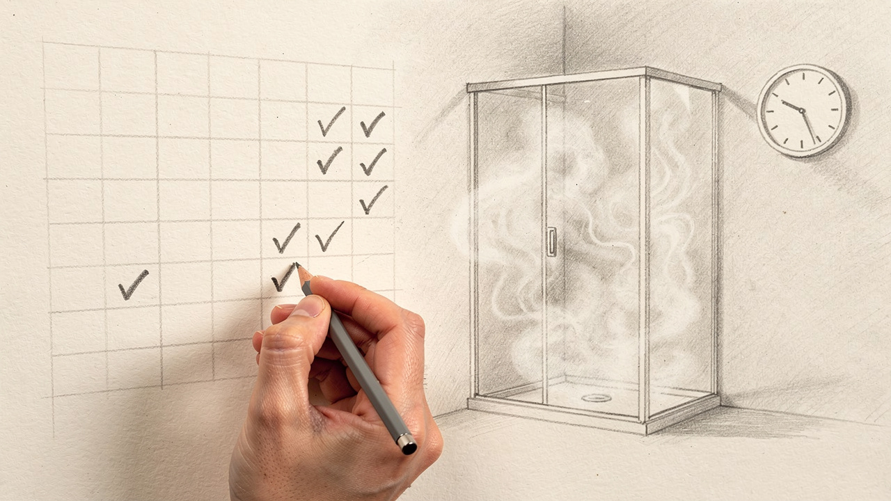 Sketch showing daily steam shower routine and consistency