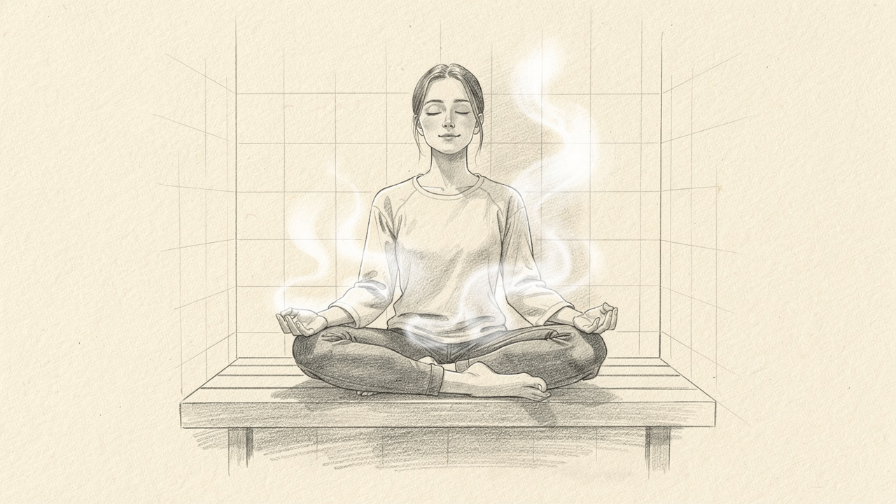 Sketch of person relaxing in steam shower mindfulness routine