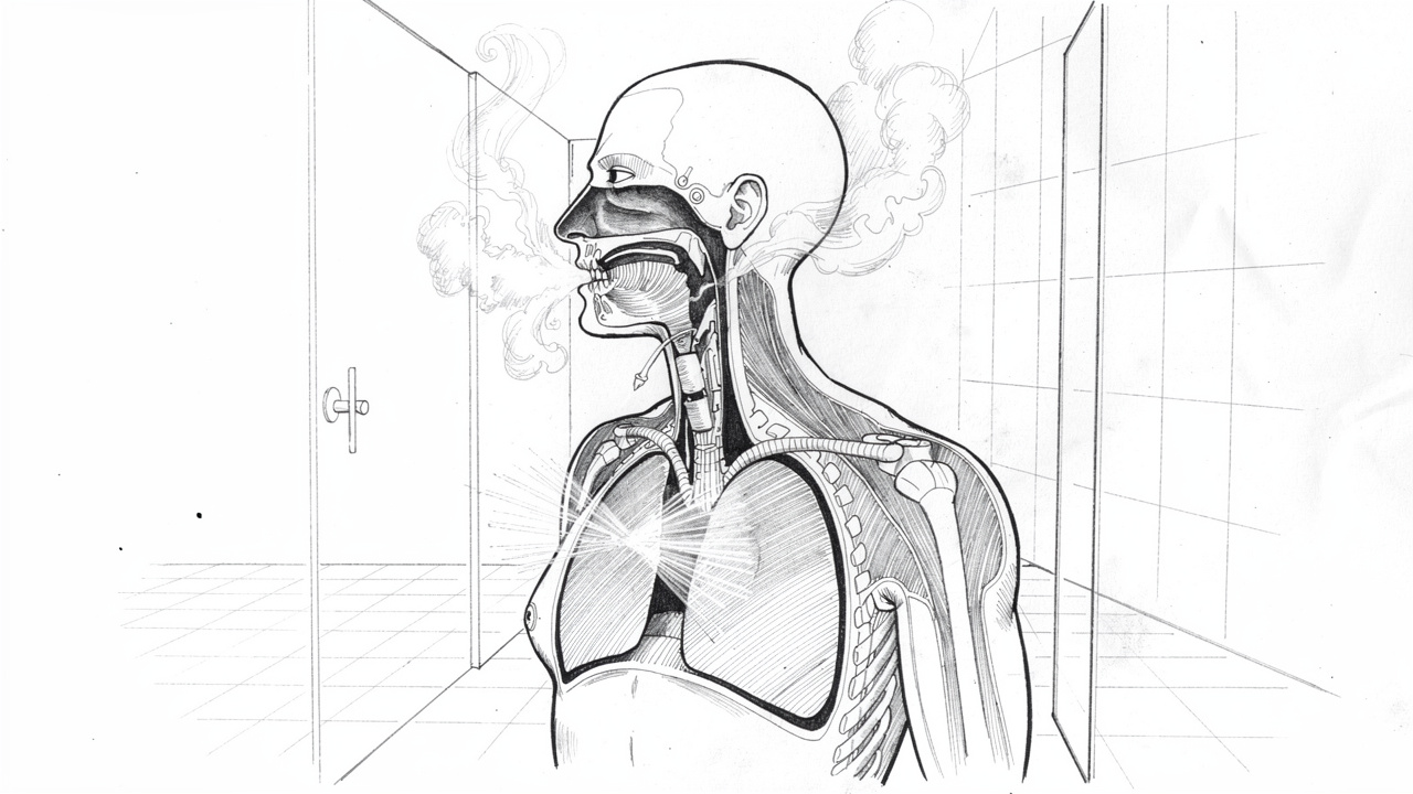 Sketch illustrating steam shower respiratory and breathing benefits