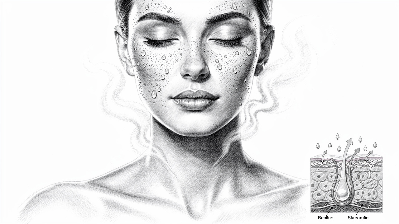 Graphite sketch of woman experiencing steam shower skin and stress benefits