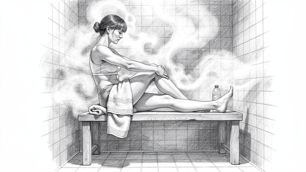 Pencil sketch of person stretching inside steam shower after workout
