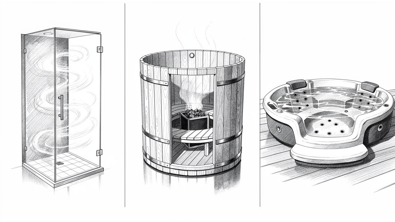 Pencil sketch comparing steam shower sauna and hot tub recovery options