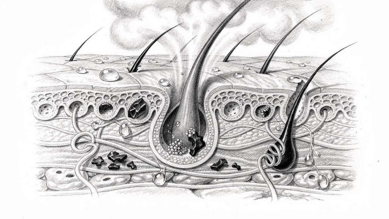 Pencil sketch of skin pores opening during steam shower cleansing