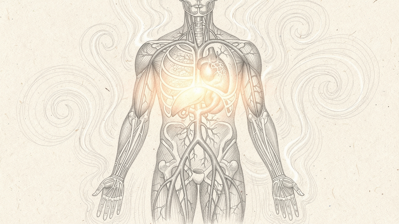 Pencil sketch of body circulation and vasodilation from steam heat