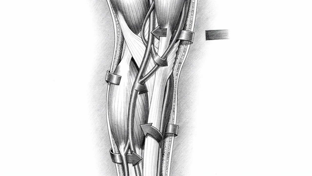 Pencil sketch of muscle vasodilation and blood flow during heat therapy