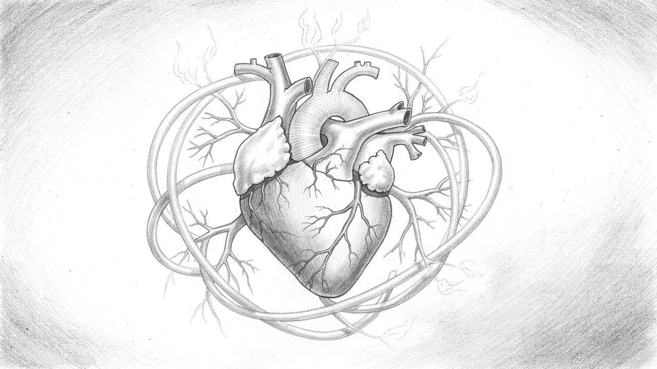 Hand-drawn sketch of heart with healthy circulation pathways