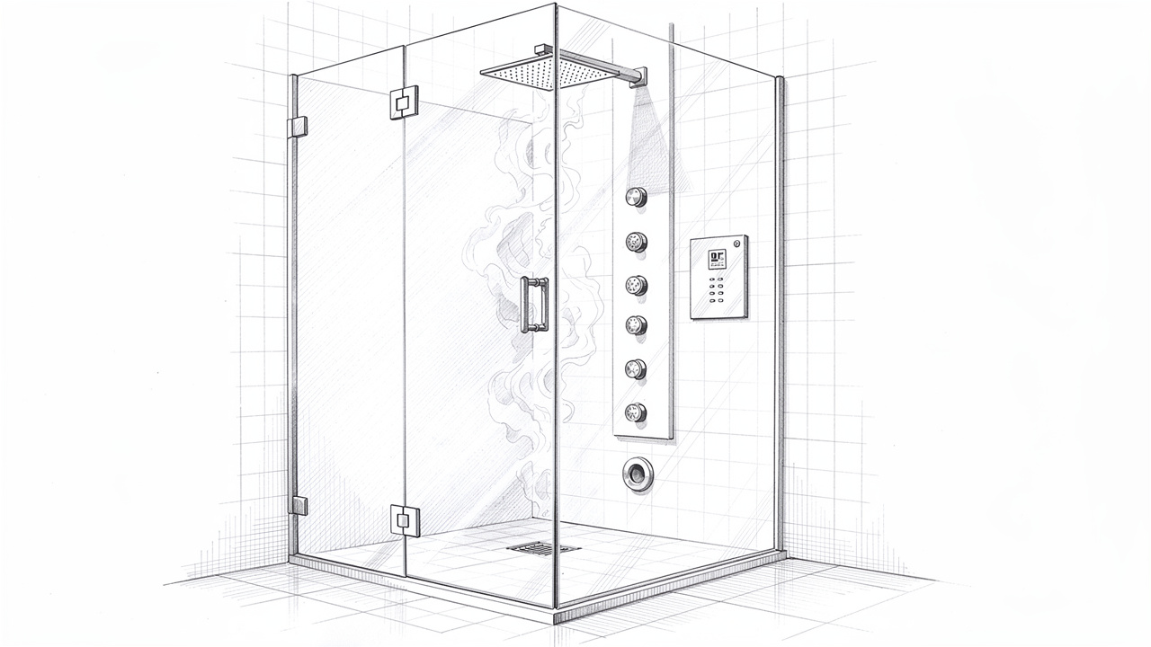 Pencil sketch of a complete integrated home steam shower system