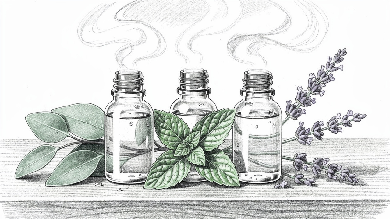 Pencil sketch of eucalyptus peppermint and lavender essential oils