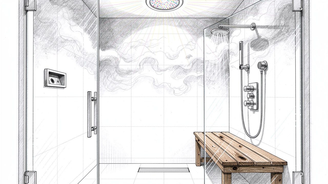 Pencil sketch of a complete home steam shower interior