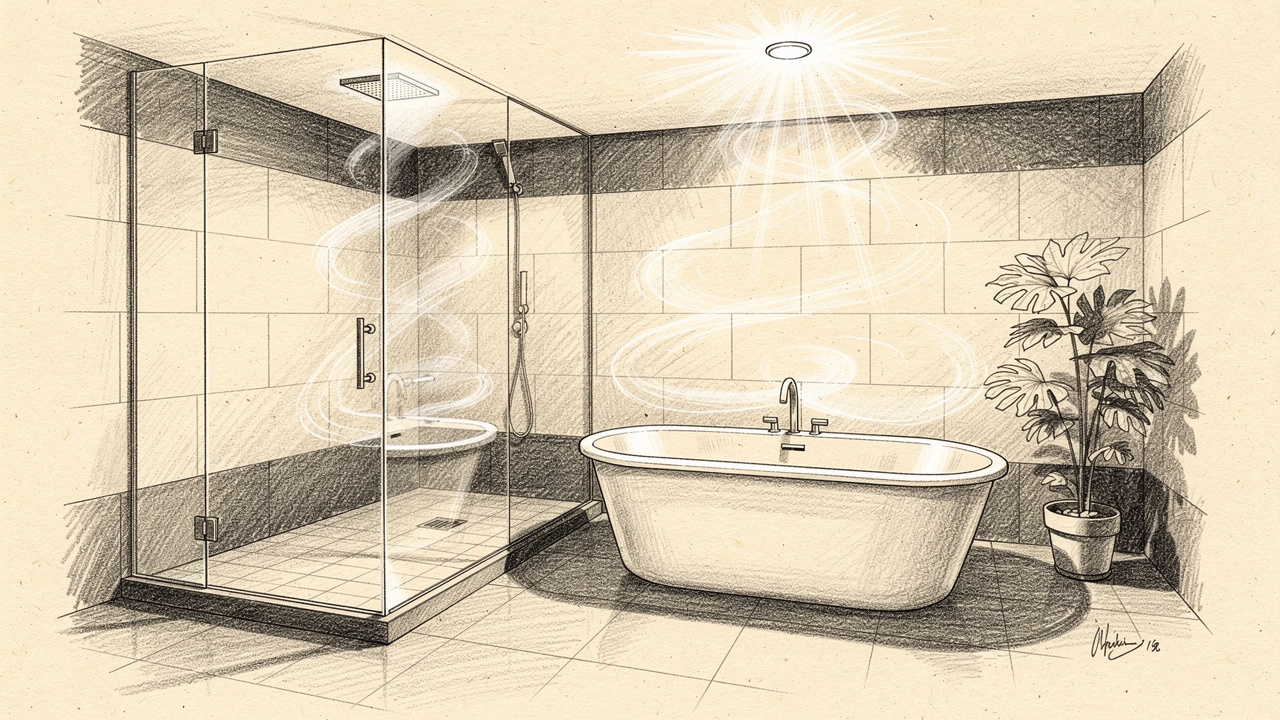 Sketch of home bathroom steam shower and soaking tub wellness space