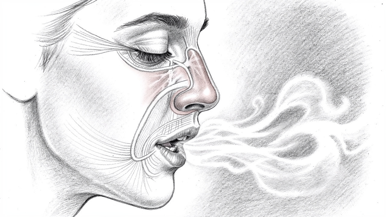 Pencil sketch of person breathing in warm steam vapour