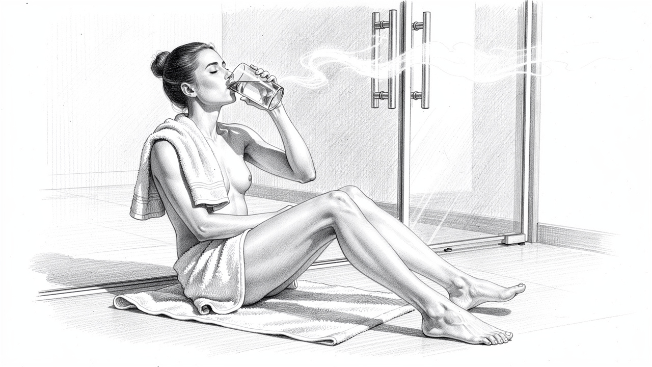 Pencil sketch of person hydrating after a steam shower session
