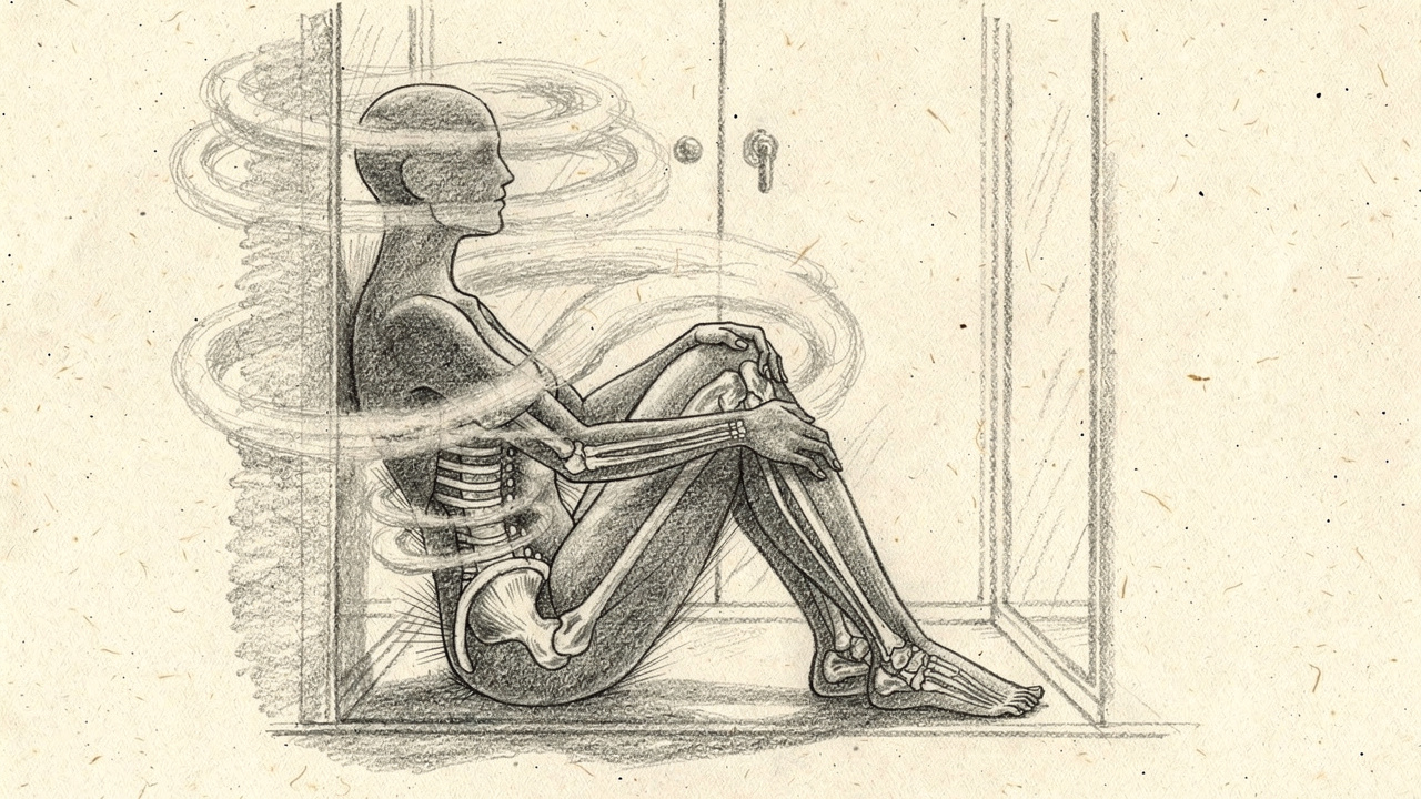 Hand-drawn sketch of person using steam shower for joint relief