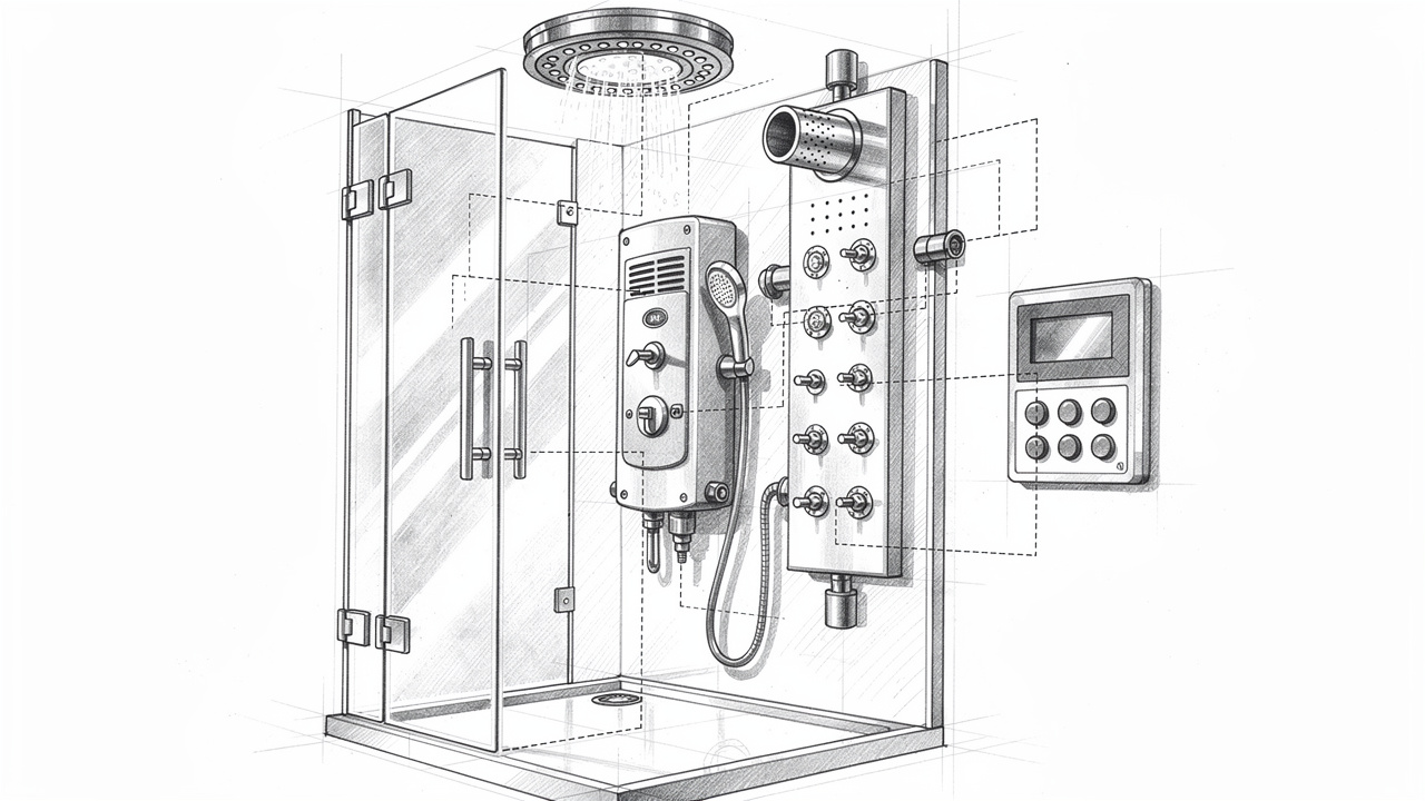 Pencil sketch of steam shower system components and features
